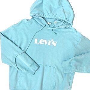 Levi’s Sky Blue Graphic Logo Pullover Knitted Hooded Sweatshirt Size Medium